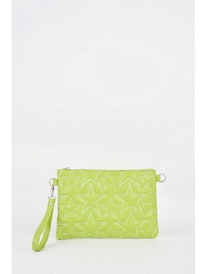 Vivaq Kadın Neon Yeşil Yıldız Nakışlı Suni Deri Bilek ve Zincir Askılı Portföy El ve Clutch Çanta