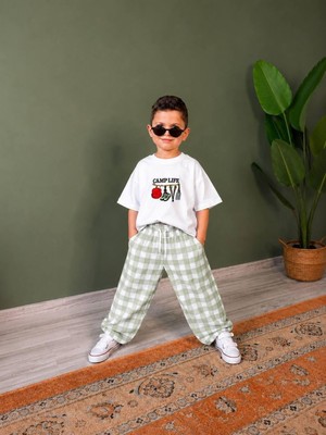Cg Kids  Camp Life Nakışlı Tişört ve Ekose Pantolon Erkek Çocuk Alt Üst Takımı / Su Yeşili