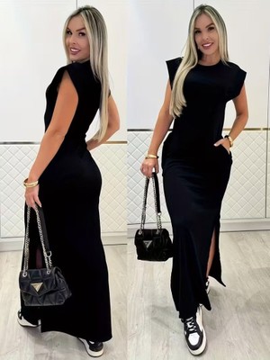 Demir Grup cc Kadın Kısa Kollu Vatkalı Cep Detaylı Yırtmaçlı Viskon Uzun Elbise