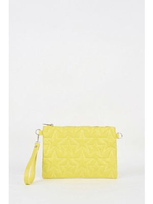 Vivaq Kadın Neon Sarı Yıldız Nakışlı Suni Deri Bilek ve Zincir Askılı Portföy El ve Clutch Çanta