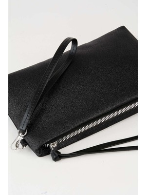 Vivaq Kadın Bellis Simli Siyah Astarlı Suni Deri Bilek Askılı Portföy El ve Clutch Çanta