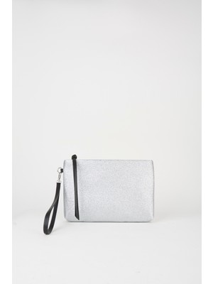Vivaq Kadın Bellis Simli Gümüş Astarlı Suni Deri Bilek Askılı Portföy El ve Clutch Çanta