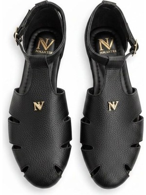 Ne&Ve Shoes Siyah Deri Tokalı Kadın Yuvarlak Burun Sandalet
