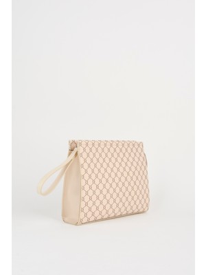 Vivaq Kadın Petunya Desenli Krem Astarlı Suni Deri Bilek Askılı Portföy El ve Clutch Çanta