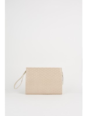 Vivaq Kadın Petunya Dokulu Krem Astarlı Suni Deri Bilek Askılı Portföy El ve Clutch Çanta