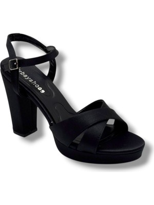 Erbay 308-26 Parlak Saten Çapraz Bant Kalın Topuk Kadın SANDALET(11CM)