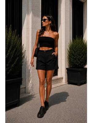 Gugus Kadın Şehir Boyu Casual Şort 43 cm Tam Boy Kemer Hediyeli Trend Model