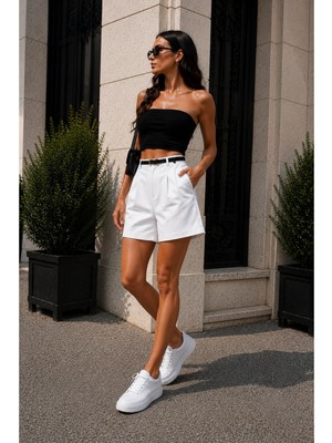 Gugus Kadın Şehir Boyu Casual Şort 43 cm Tam Boy Kemer Hediyeli Trend Model