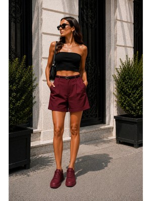 Gugus Kadın Şehir Boyu Casual Şort 43 cm Tam Boy Kemer Hediyeli Trend Model