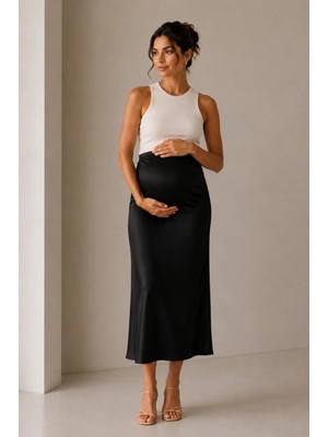 Luvmabelly MYRA9036 Şık Tasarımlı Saten Etek - Siyah Yumuşak Kumaş ve Rahat Kesim