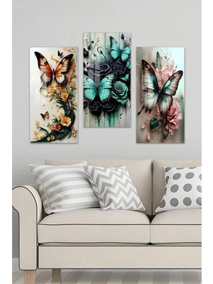 KutuTR 3D Görünümlü 2d Uv Baskı Temperli Cam Tablo Set – Kelebek ve Çiçek Deseni – 30X60 Cm- DCS046
