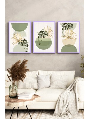 KutuTR Lila Renk Ahşap Çerçeveli 2duv Baskı 3’lü Mdf Tablo–minimal Bitki ve Geometrik Vazo-Lila CRV1153