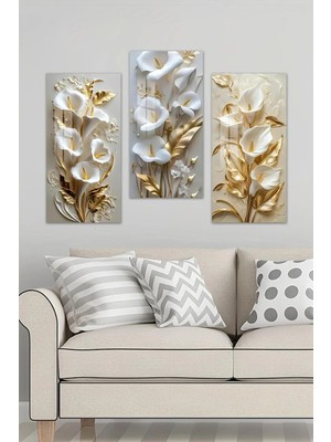 KutuTR 3D Görünümlü 2d Uv Baskı Temperli Cam Tablo Seti – Zarif Beyaz & Gold Çiçek Deseni 30X60 Cm- DCS040