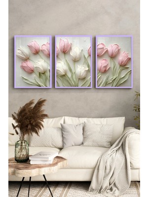 KutuTR Lila Renk Ahşap Çerçeveli 2duv Baskı 3’lü Mdf Tablo–pembe Lale Temalı-Lila CRV1025