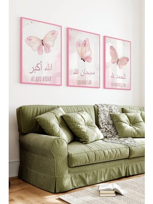 KutuTR Pembe Renkli Ahşap Çerçeveli 2duv Baskı 3’lü Mdf Tablo–kelebek Temalı Dini Yazılı-Pembe CRV1078