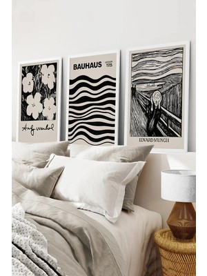 KutuTR Beyaz Çerçeveli 2d Uv Baskı 3’lü Mdf Tablo–bauhaus ve Siyah Beyaz Sanat-Beyaz CRV1152