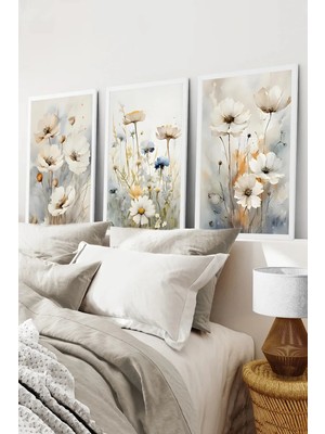 KutuTR Beyaz Çerçeveli 2d Uv Baskı 3’lü Mdf Tablo Set –altın Tonlarında Zarif Çiçek Deseni - Beyaz CRV1116