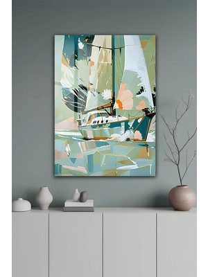 KutuTR Pastel Tonlu Estetik Yelkenli ve Deniz Manzaralı Temperli Cam Tablo 2d Uv Baskı - YCT290