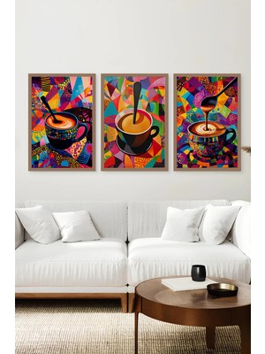 KutuTR Kahverengi Ahşap Çerçeveli 2duv Baskı 3’lü Mdf Tablo–renkli Pop Art Kahve Temalı-Kahve CRV1018