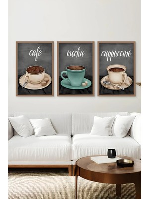 KutuTR Kahverengi Ahşap Çerçeveli 2duv Baskı 3’lü Mdf Tablo–cafe Mocha Cappuccino Yazılı-Kahve CRV1011