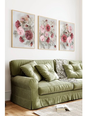 KutuTR Ahşap Çerçeveli 2d Uv Baskı 3'lü Tablo Set–modern Pembe Gül ve Floral Buket- CRV1450