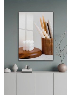 KutuTR Bej ve Beyaz Tonlarında Modern Mumlu Temperli Cam Tablo 2d Uv Baskı - YCT469