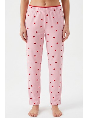 Hadiora Kadın Pembe Çizgili Kalp Desenli Bambu Pijama Alt