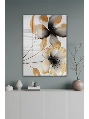 KutuTR Siyah Beyaz ve Altın Detaylı Modern Çiçek Temalı Temperli Cam Tablo 50X70 cm 2d Uv Baskı - YCT591