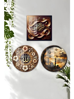 KutuTR 3D Görünümlü 2d Uv Baskı Temperli Cam Tablo Set – Islami Hat ve Cami Silüeti Teması 33X33 CM-YKY003