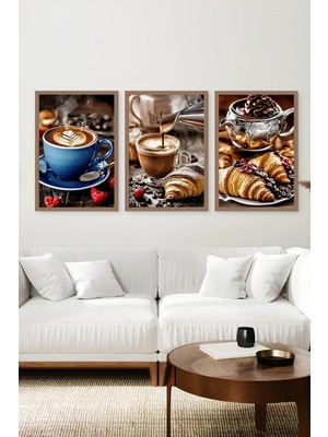 KutuTR Kahverengi Ahşap Çerçeveli 2duv Baskı 3’lü Mdf Tablo–kruvasan ve Latte Art Temalı-Kahve CRV1016