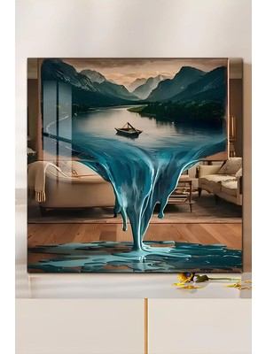 KutuTR Doğa Manzarası ve Şelale Efekti Temalı Temperli Cam Kare Tablo 33X33 cm Ebadında Uv BASKI-CTK043