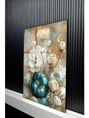 KutuTR Turkuaz ve Krem Tonlarında Altın Varaklı Çiçek Temperli Cam Tablo 50X70 cm 2d Uv Baskı - YCT198