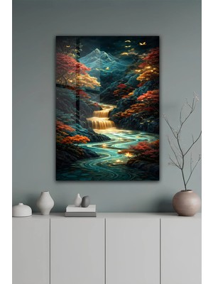 KutuTR Dağ ve Şelale Manzaralı Turuncu Sonbahar Temalı Temperli Cam Tablo 50X70 cm 2d Uv Baskı - YCT078