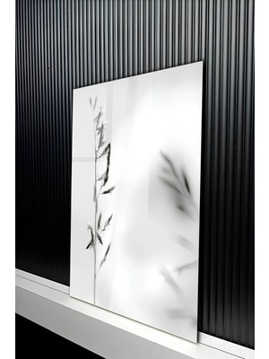 KutuTR Minimalist Siyah Beyaz Ince Dal ve Gölge Temalı Temperli Cam Tablo 50X70 cm 2d Uv Baskı - YCT186