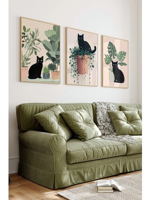 KutuTR 🖼️ Saksıdaki Siyah Kediler Temalı 3’lü Çerçeveli Dekoratif Tablo Seti 🌿🐈‍⬛ CRV1040