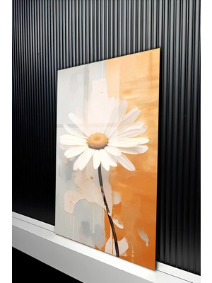 KutuTR Modern Turuncu Gri Fon Üzeri Estetik Papatya Temalı Temperli Cam Tablo 50X70 cm 2d Uv Baskı - YCT157