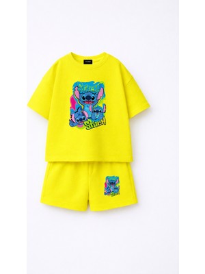 Fasardi Stitch Baskılı Oversize %100 Pamuk Tişört Şort Çocuk 2li Takım