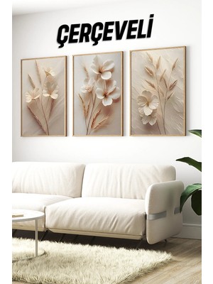 KutuTR 3'lü Çerçeveli Krem Çiçek ve Başak Desenli MDF Tablo Seti 42 x 62 cm UV Baskılı CRV1039