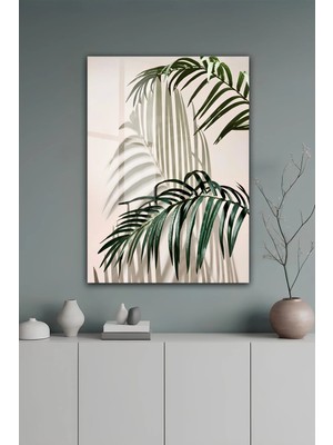 KutuTR Modern Minimalist Palmiye Yaprağı Gölge Tasarımlı Temperli Cam Tablo 2d Uv Baskı - YCT535
