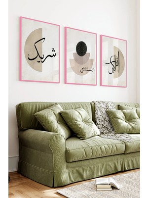 KutuTR Pembe Renkli Ahşap Çerçeveli 2duv Baskı 3’lü Mdf Tablo–modern Kırmızı Blok Detaylı-Pembe CRV1075