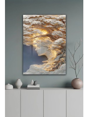 KutuTR Altın Işıltılı Kadın Silüeti ve Doğa Temalı Temperli Cam Tablo 50X70 cm 2d Uv Baskı - YCT080
