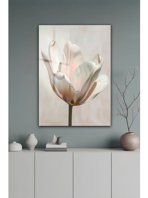 KutuTR Bej ve Pudra Tonlu Soyut Lale Çiçekli Dekoratif Temperli Cam Tablo 50X70 cm 2d Uv Baskı - YCT557