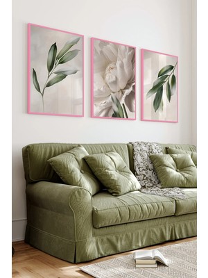 KutuTR Pembe Renkli Ahşap Çerçeveli 2duv Baskı 3’lü Mdf Tablo-Beyaz Şakayık Çiçeği-Pembe CRV1034
