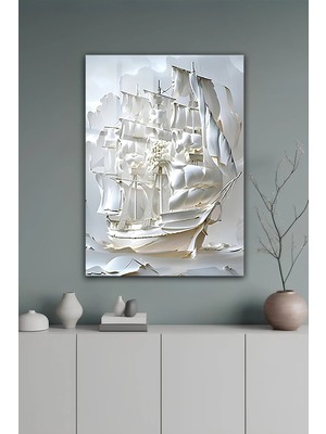KutuTR Modern Minimalist Beyaz Yelkenli Gemi Tasarımlıtemperli Cam Tablo 2d Uv Baskı - YCT370