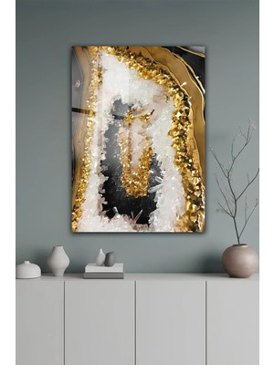 KutuTR Lüks Gold Detaylı Kristal Kuvars Görünümlü Temperli Cam Tablo 2d Uv Baskı - YCT311