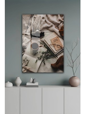 KutuTR Kitap, Kahve ve Kamera Temalı Vintage Modern Temperli Cam Tablo 2d Uv Baskı - YCT660