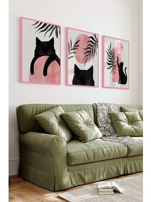 KutuTR Pembe Renkli Ahşap Çerçeveli 2duv Baskı 3’lü Mdf Tablo-Siyah Kedi Figürlü-Pembe CRV1035