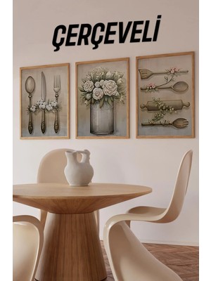KutuTR 🌸 Mutfak Gereçleri ve Çiçek Temalı 3’lü Çerçeveli Dekoratif Tablo Seti 🌸 CRV1063