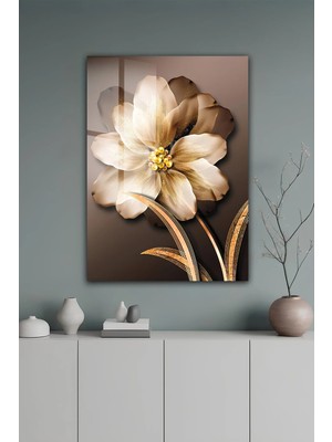 KutuTR Premium Vizon ve Gold Çiçek Tasarımlı Temperli Cam Tablo 2d Uv Baskı - YCT457