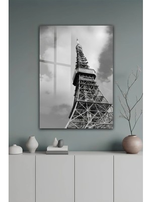 KutuTR Modern Siyah Beyaz Eyfel Kulesi Tasarımlı Temperli Cam Tablo 2d Uv Baskı - YCT388